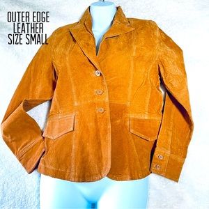 Outer Edge women tan leather western jacket wester blazer v neck button up Sz S